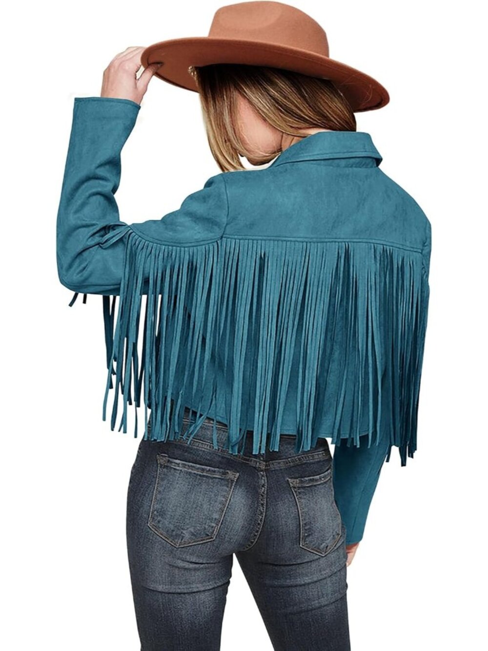 Women's Lake Blue Long Sleeve Slim Fall Fringe Suede Faux Leather Winter Jackets